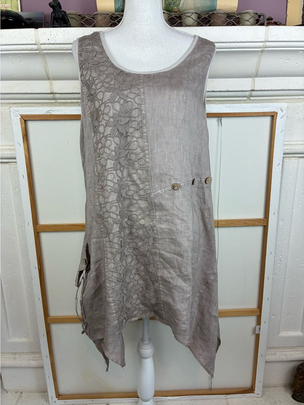 Aziza Boho Linen Tunic w/Crochet Panel and Button Pocket, Assym Hem